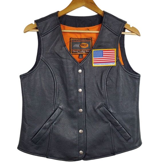 First Classics Vietnam Veteran Marines Semper Fidelis Black Leather Vest L - Picture 1 of 8